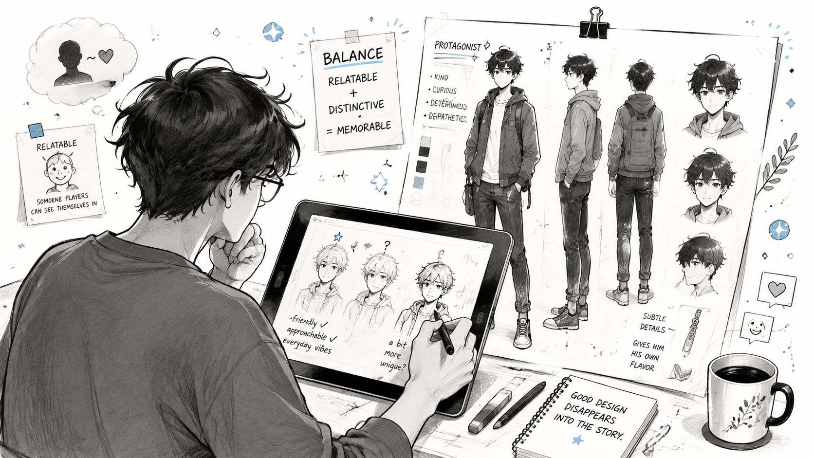An artist drawing an anime character design on a tablet while surrounded by character sketches and notes.