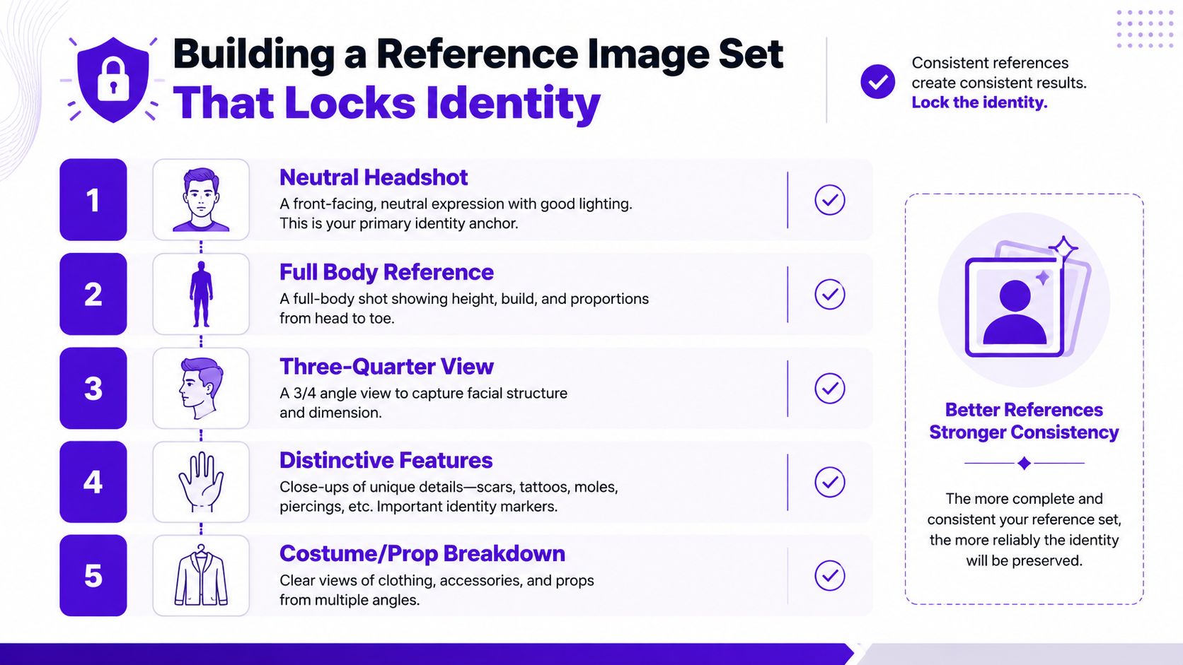 A five-step guide on how to build a consistent AI reference image set to maintain character identity.