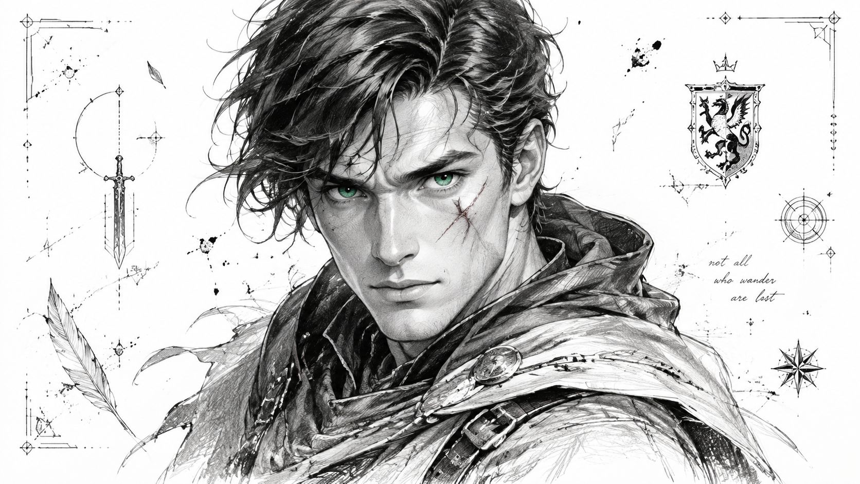 A detailed charcoal-style portrait of a handsome fantasy adventurer with green eyes and a facial scar.