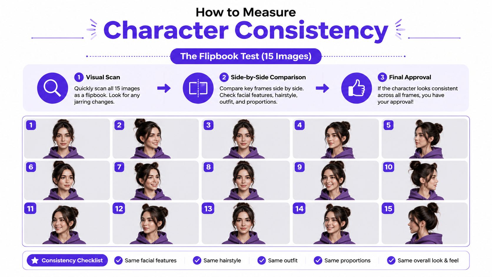 An infographic showing a three-step guide to measuring character consistency in AI generated images using 15 portraits.