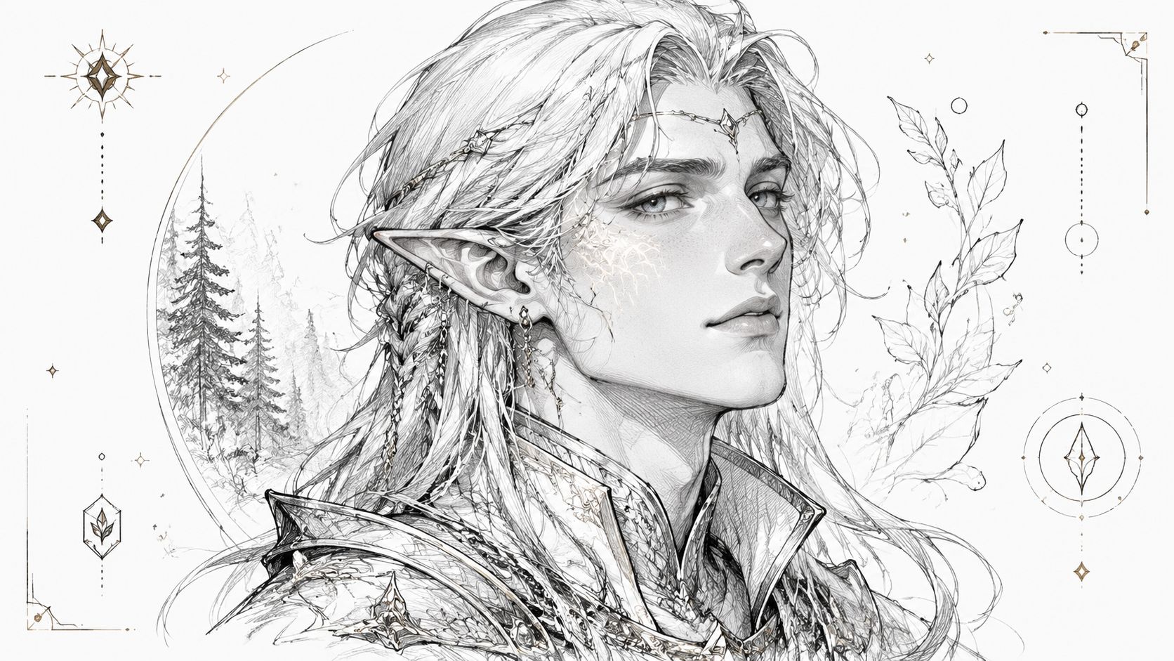 A detailed pencil sketch of a handsome male elf with long flowing hair, wearing ornate elven armor.