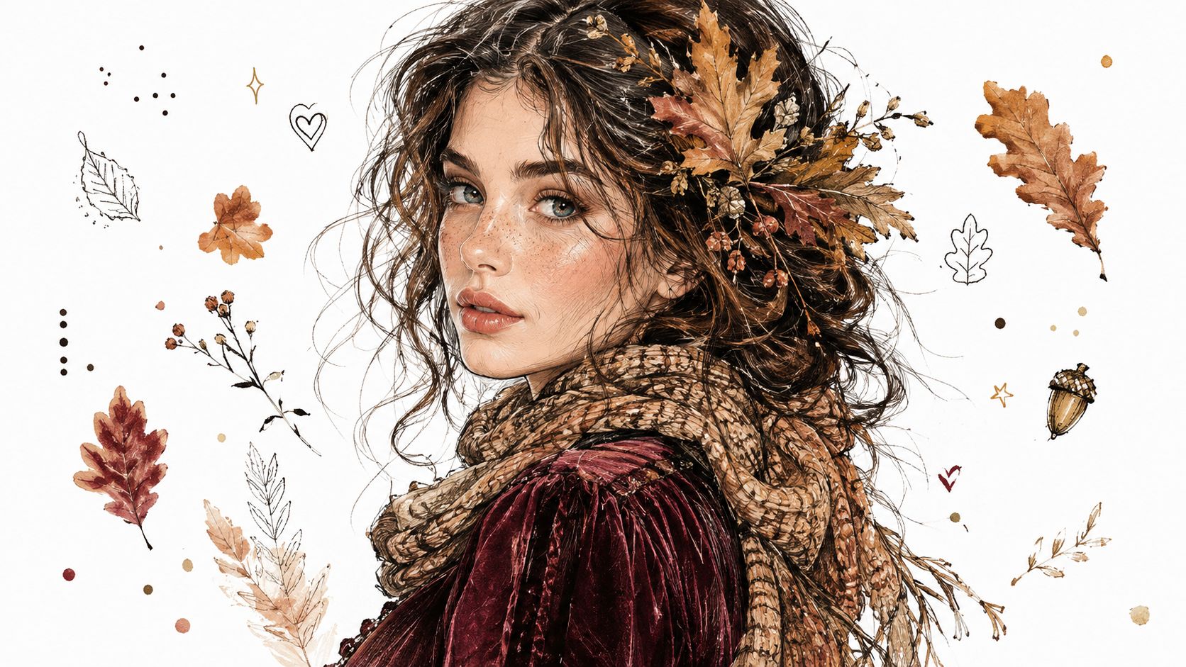 A digital art portrait of a young woman with curly hair adorned with autumn leaves, looking gracefully.