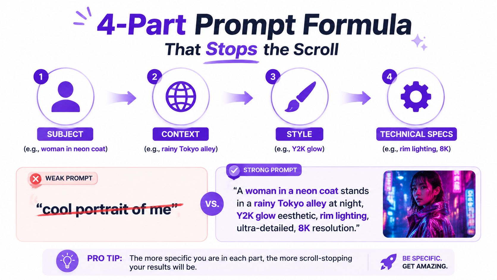 An infographic showing a 4-part prompt formula to create high-quality AI generated images for social media.