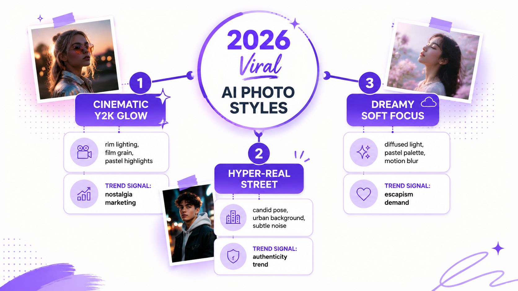 A visual guide outlining three viral AI photography styles for 2026 including cinematic, street, and dreamy themes.