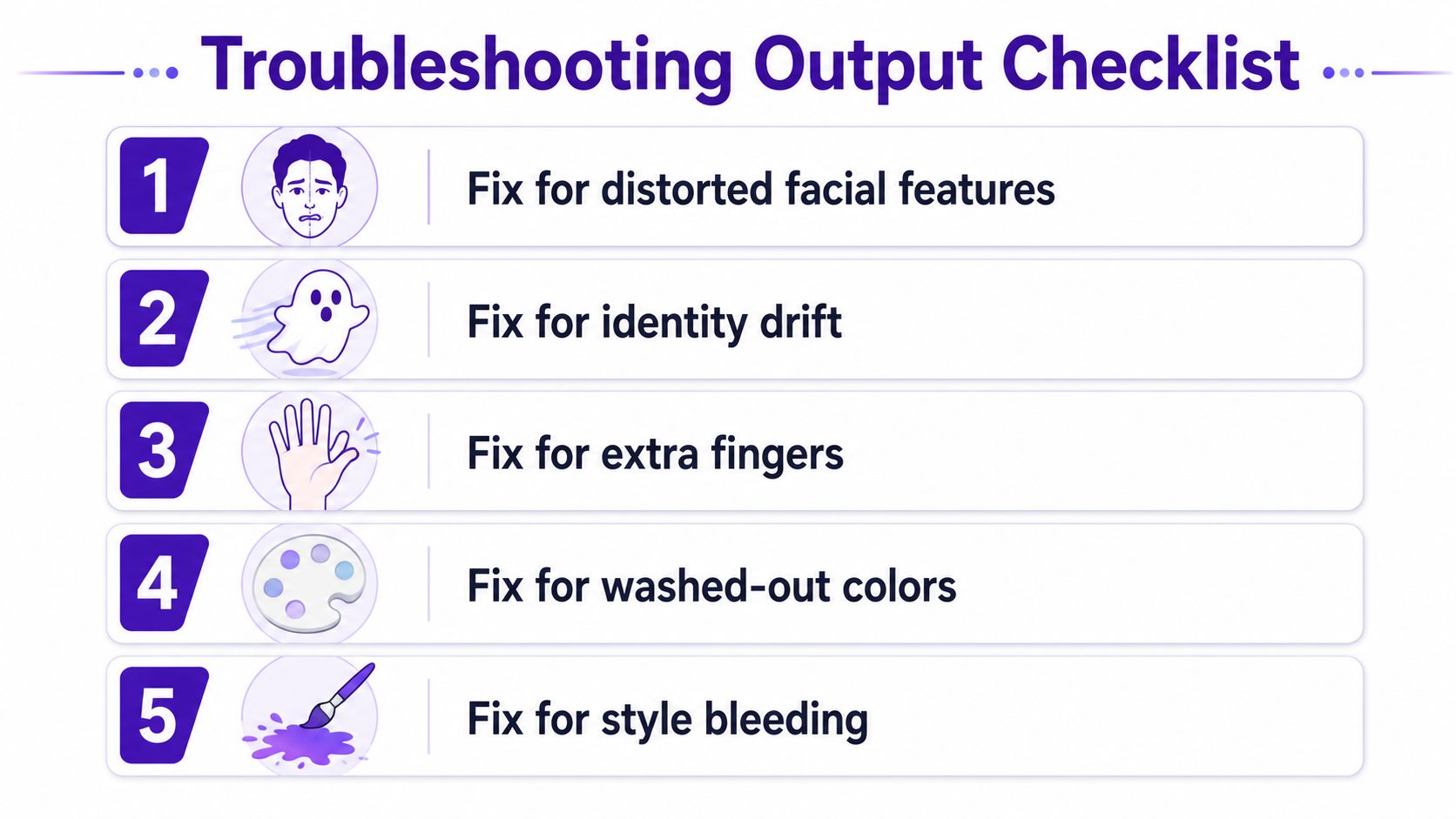 A numbered checklist titled Troubleshooting Output Checklist for fixing common AI image generation errors and flaws.