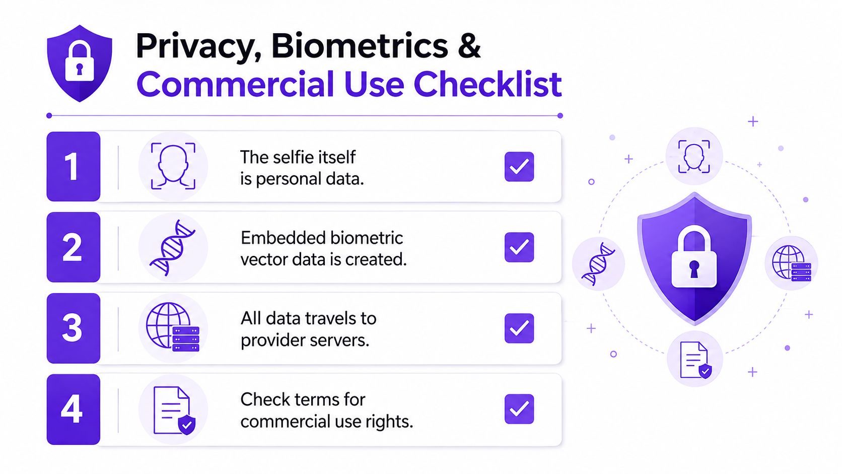 A four-point privacy, biometrics, and commercial use checklist infographic for data security and personal data handling.