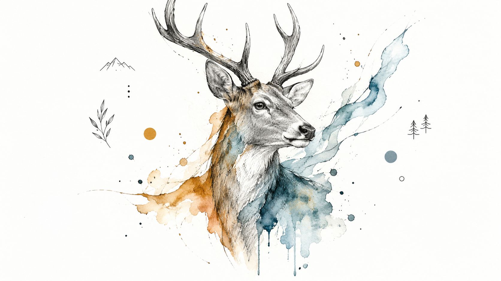 An artistic watercolor illustration of a deer head with abstract blue and orange ink splashes surrounding it.