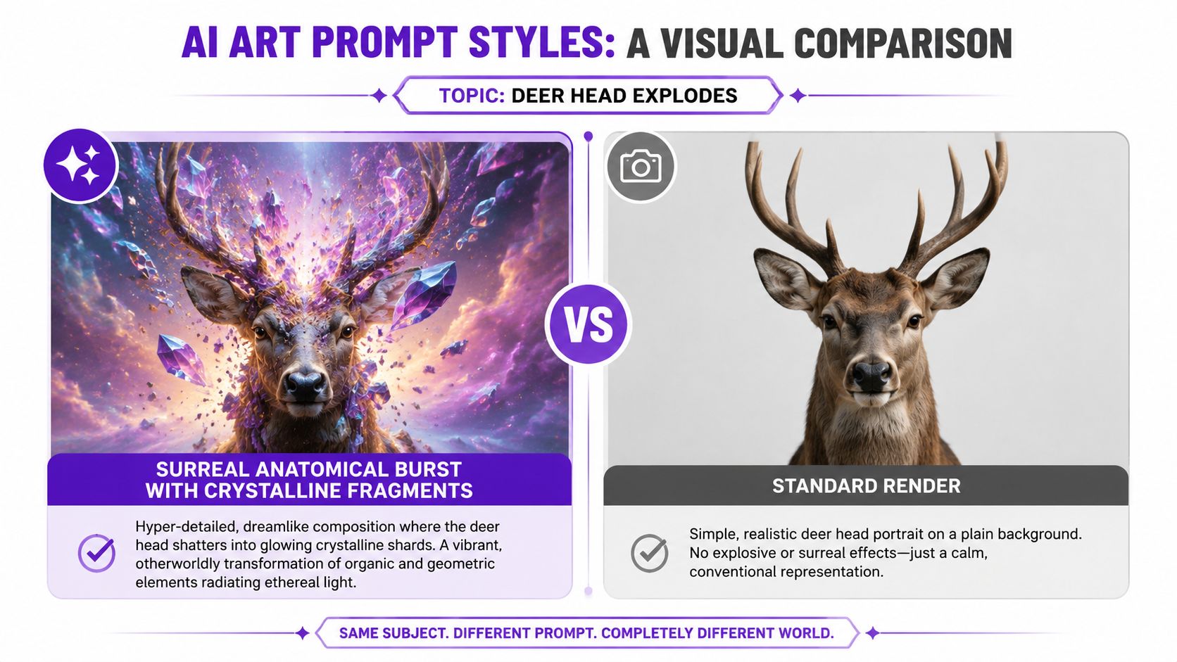 A comparative infographic displaying a surreal artistic rendering of a deer head exploding into crystals versus a standard realistic deer portrait.