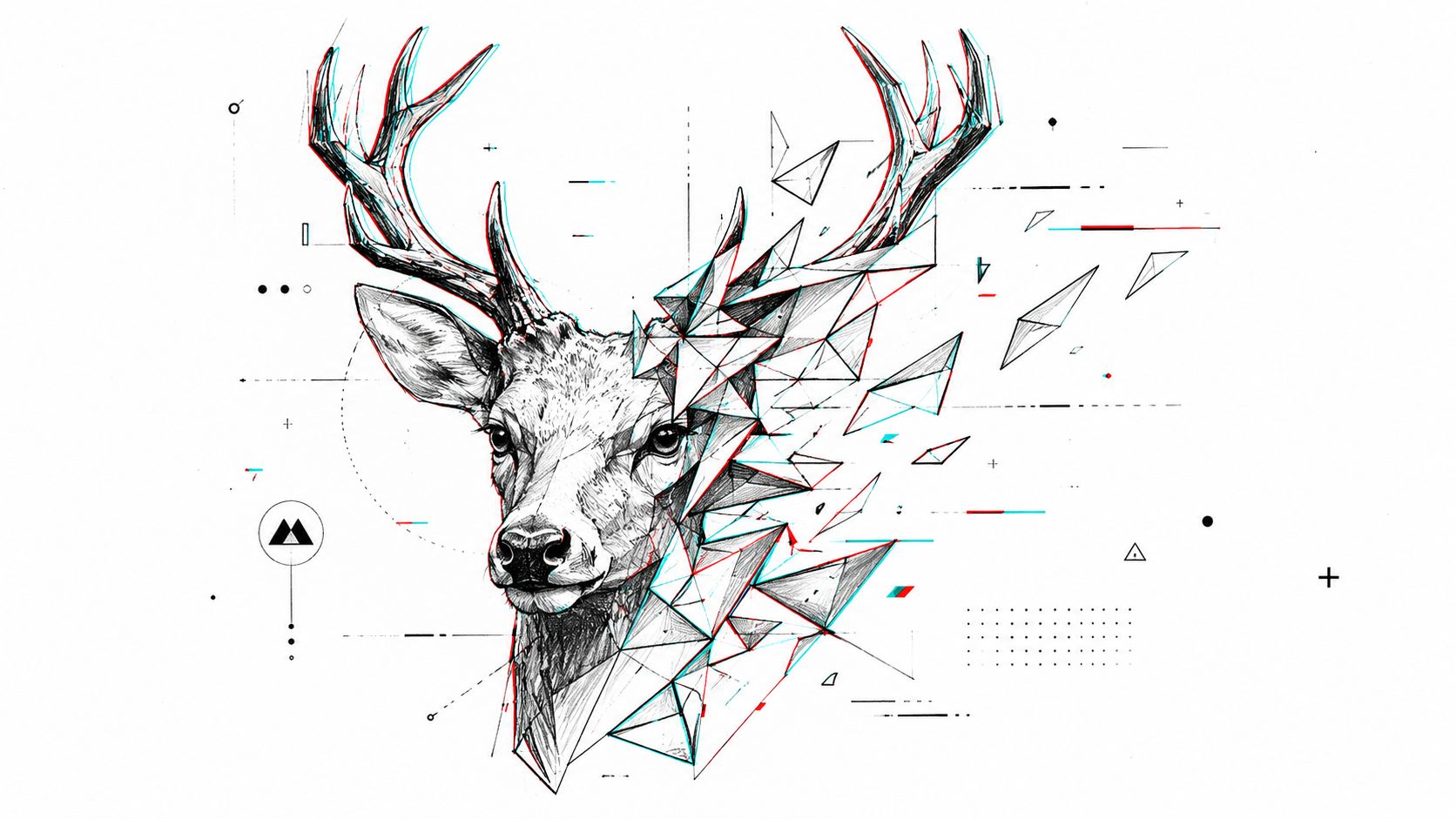 A artistic illustration of a deer head dissolving into geometric shards with a digital glitch effect