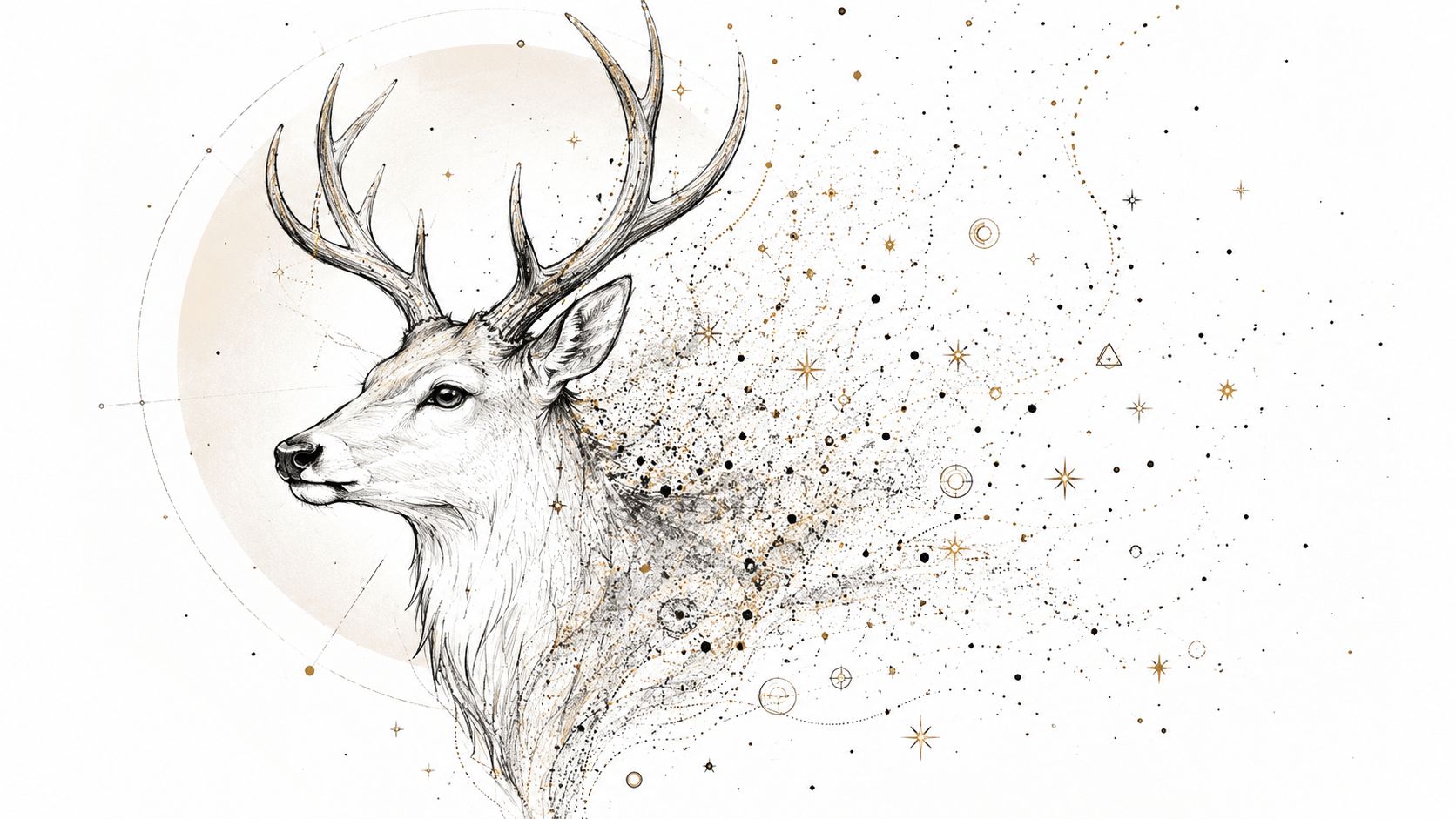 A detailed drawing of a deer head dissolving into stardust and geometric constellations against a soft circle.