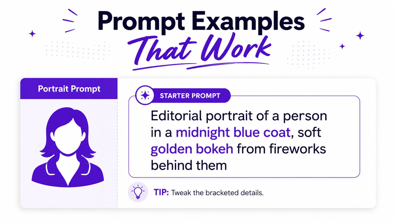 A graphic showing an editorial portrait AI prompt example featuring a midnight blue coat and fireworks.