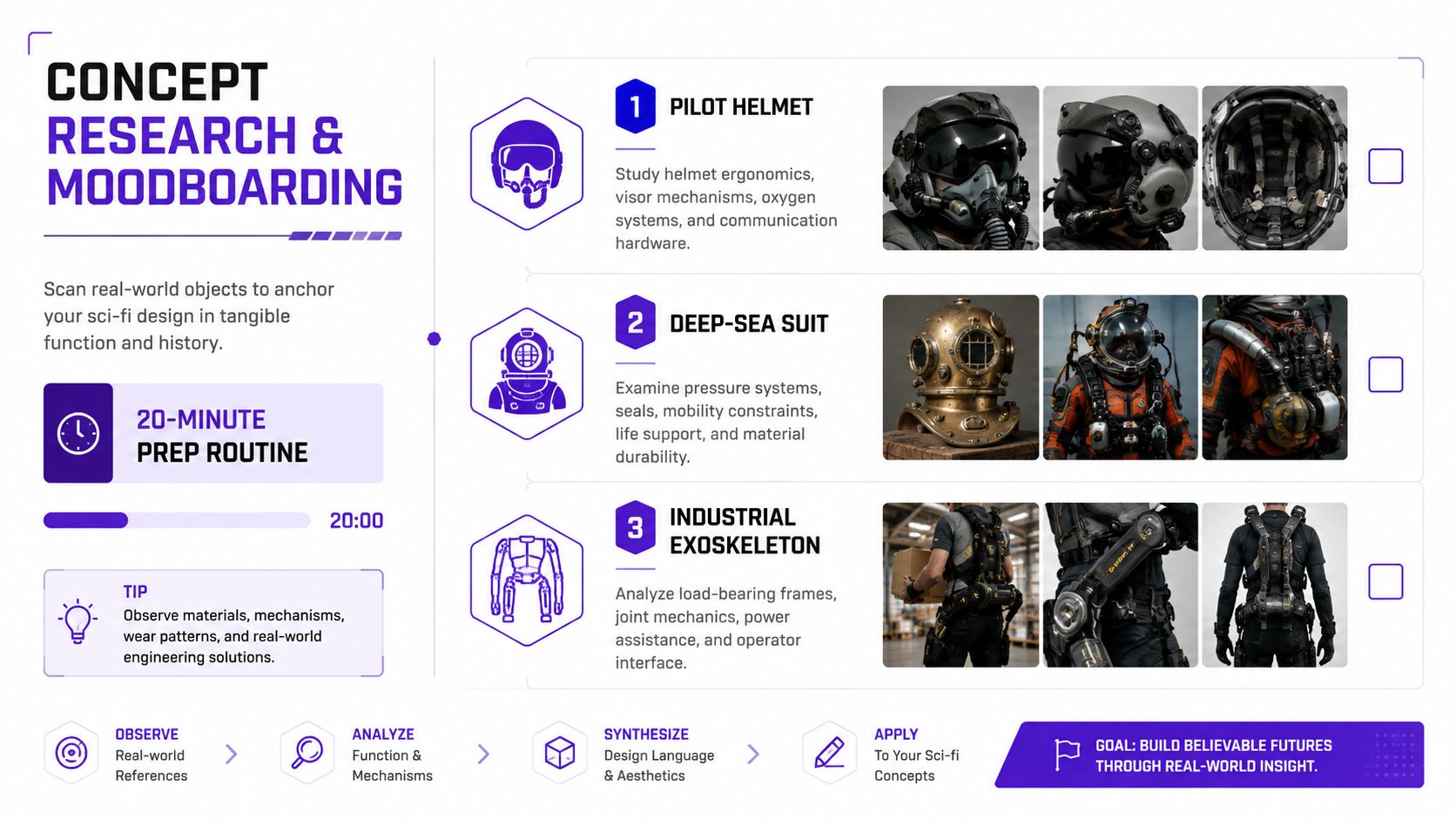 An infographic showing a sci-fi character design concept research process using pilot helmets, deep-sea suits, and exoskeletons.