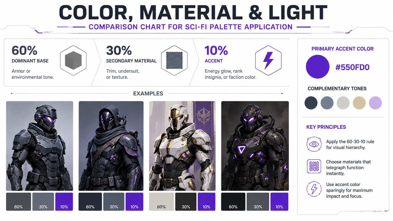 A sci-fi character design color, material, and light application guide using the 60-30-10 rule with visual examples.