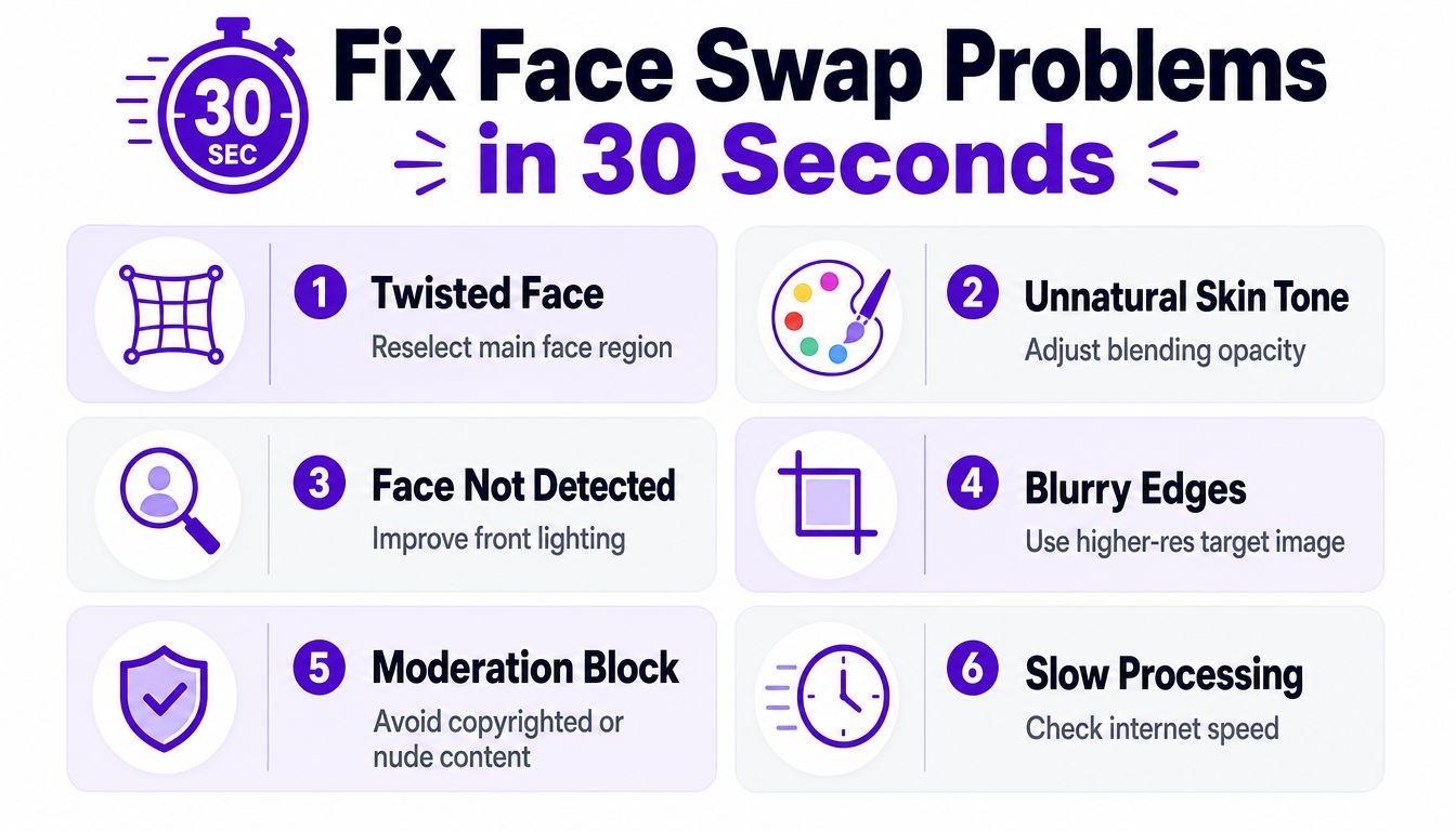 A helpful infographic showing six common solutions to fix face swap errors in thirty seconds.
