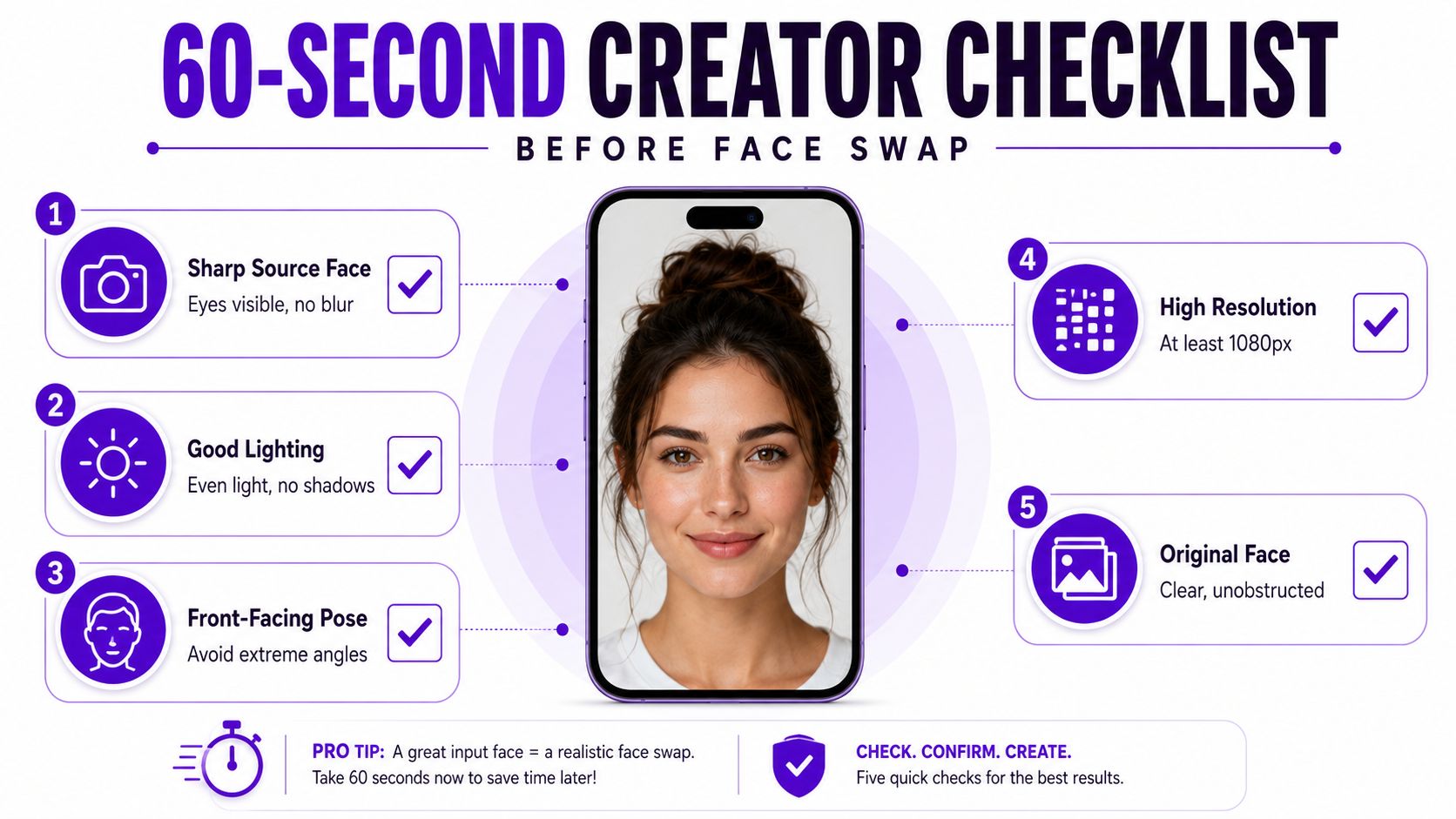 A 60-second creator checklist infographic illustrating five steps for preparing a high-quality photo before a face swap.