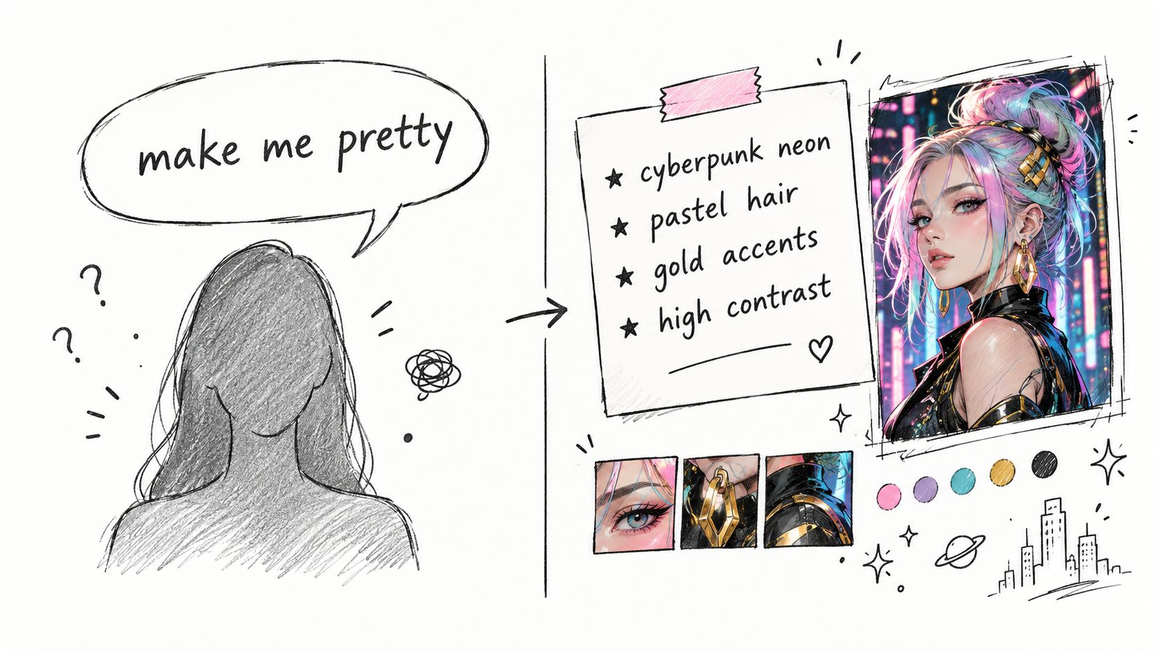 A digital illustration showing a sketched faceless figure transforming into a stylized, beautiful cyberpunk woman with pastel hair.