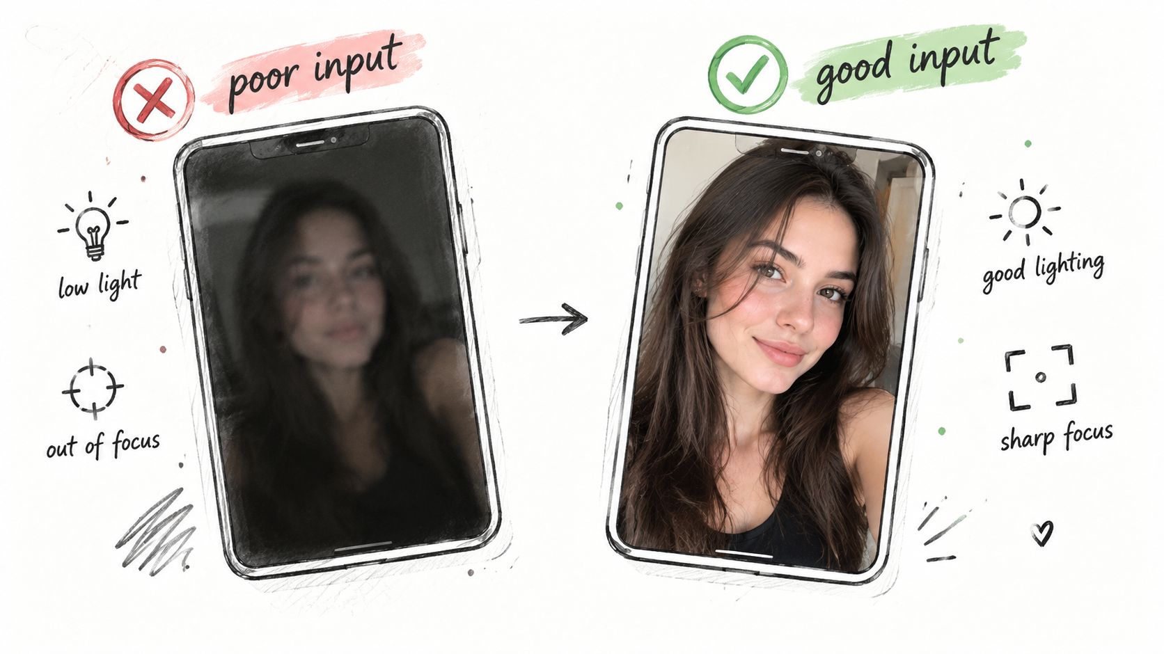 A comparison showing a blurry, dark photo as poor input versus a clear, well-lit photo as good input.