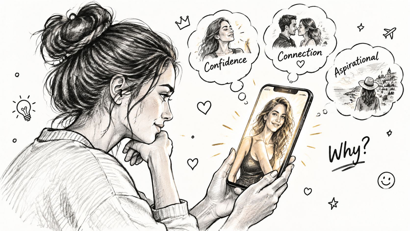 A hand-drawn illustration of a woman looking at her phone, reflecting on themes like confidence, connection, and aspiration.