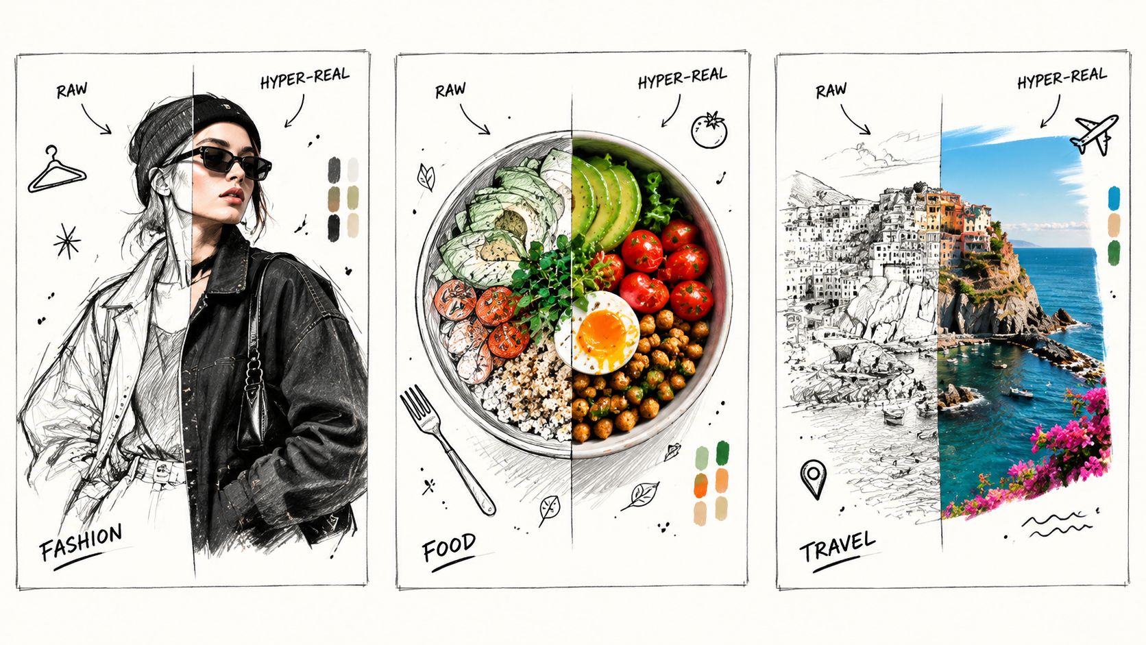 A triptych showing fashion, food, and travel subjects split between a raw sketch and a hyper-realistic photograph.