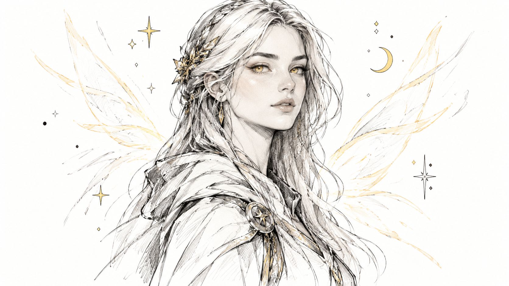 A beautiful ethereal fairy with golden eyes and translucent wings in a detailed pencil sketch style.