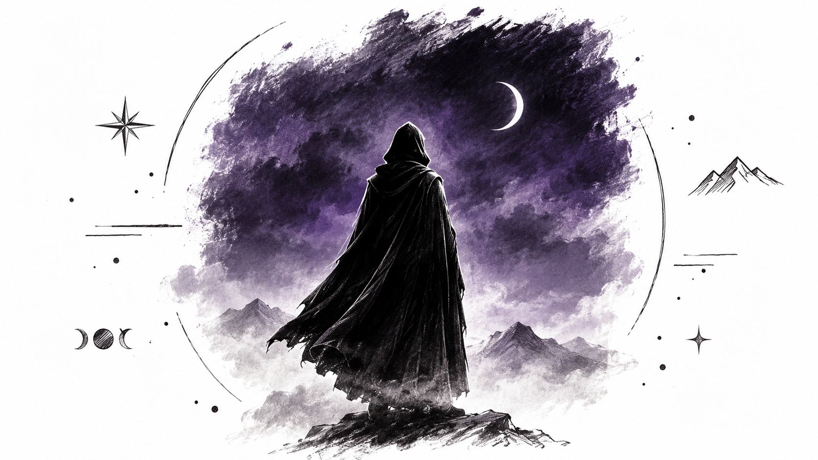 A hooded figure standing on a mountain peak beneath a crescent moon in a dark purple sky.