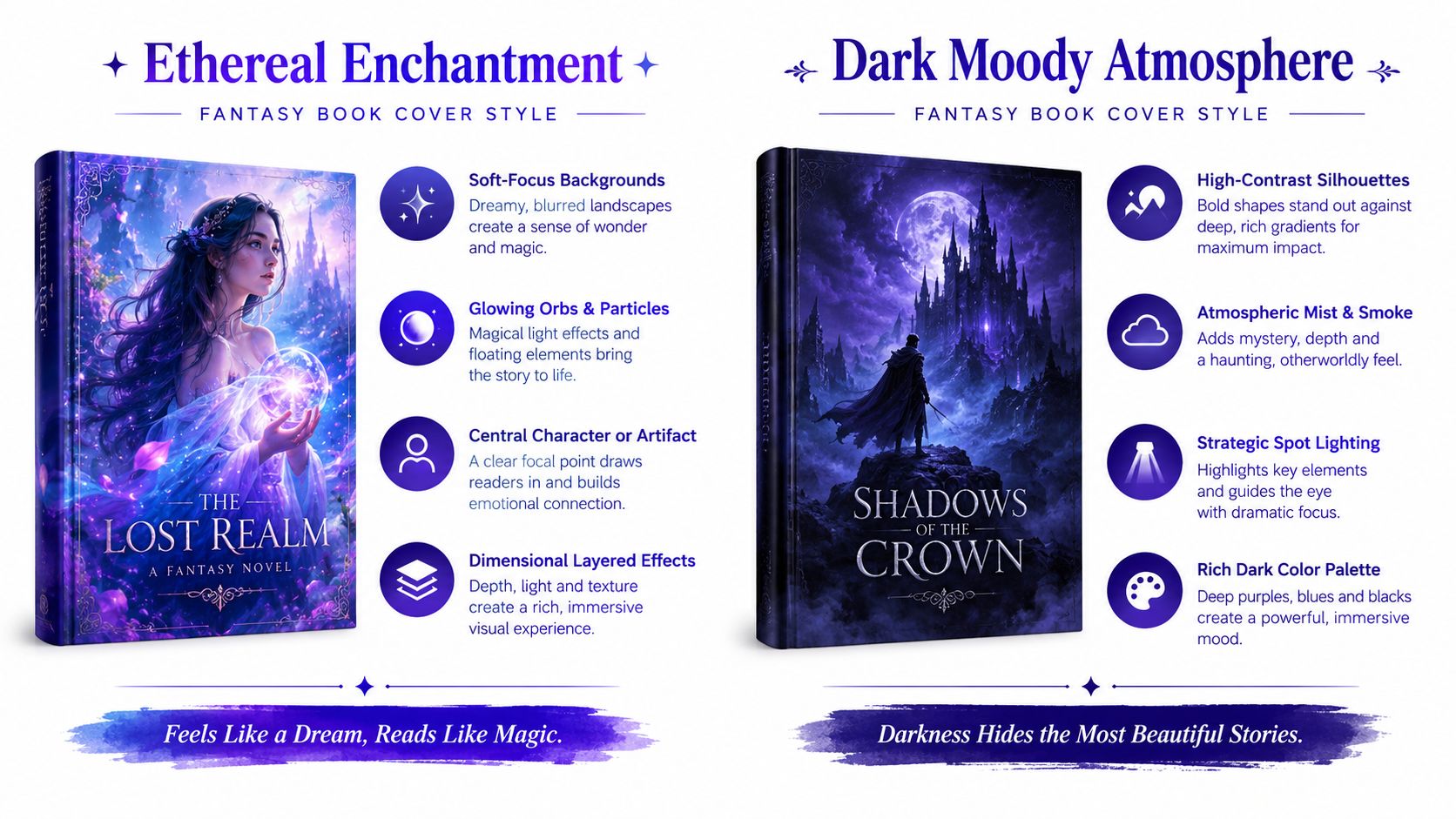 A graphic design comparison showing two different fantasy book cover styles with text and design features.