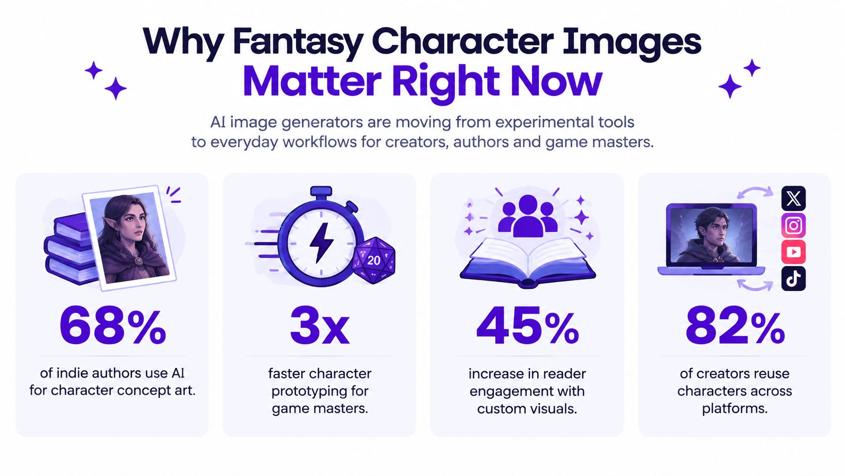 An infographic titled Why Fantasy Character Images Matter Right Now showing statistics about AI tools for creators.