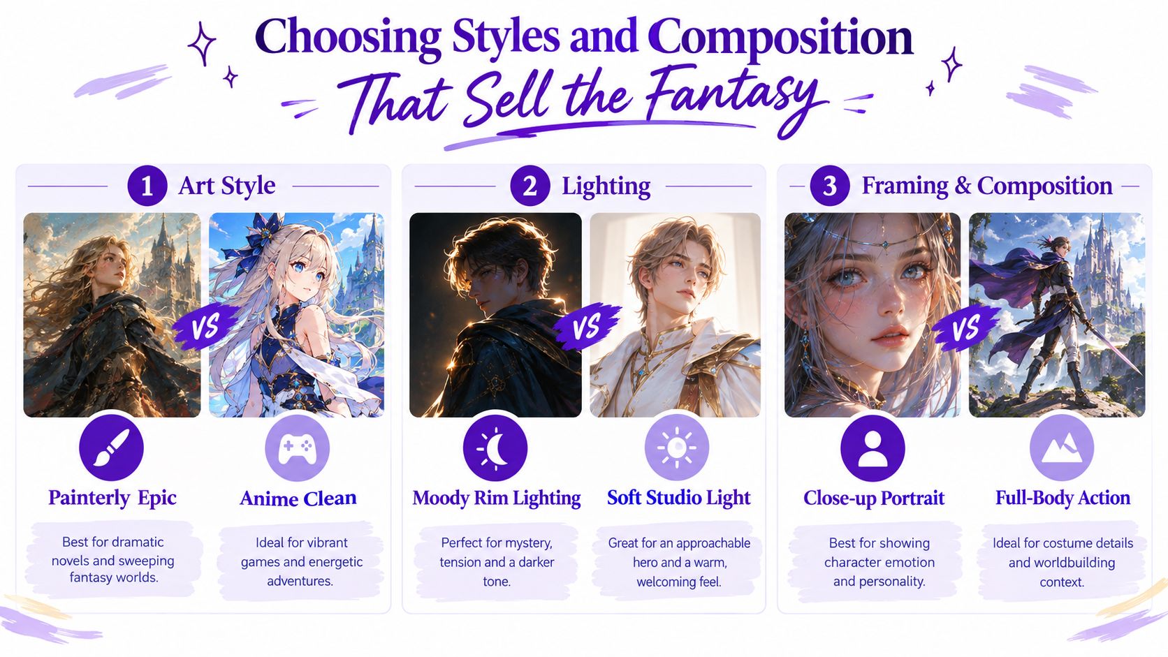 An infographic illustrating various artistic styles, lighting techniques, and framing choices for fantasy character design.