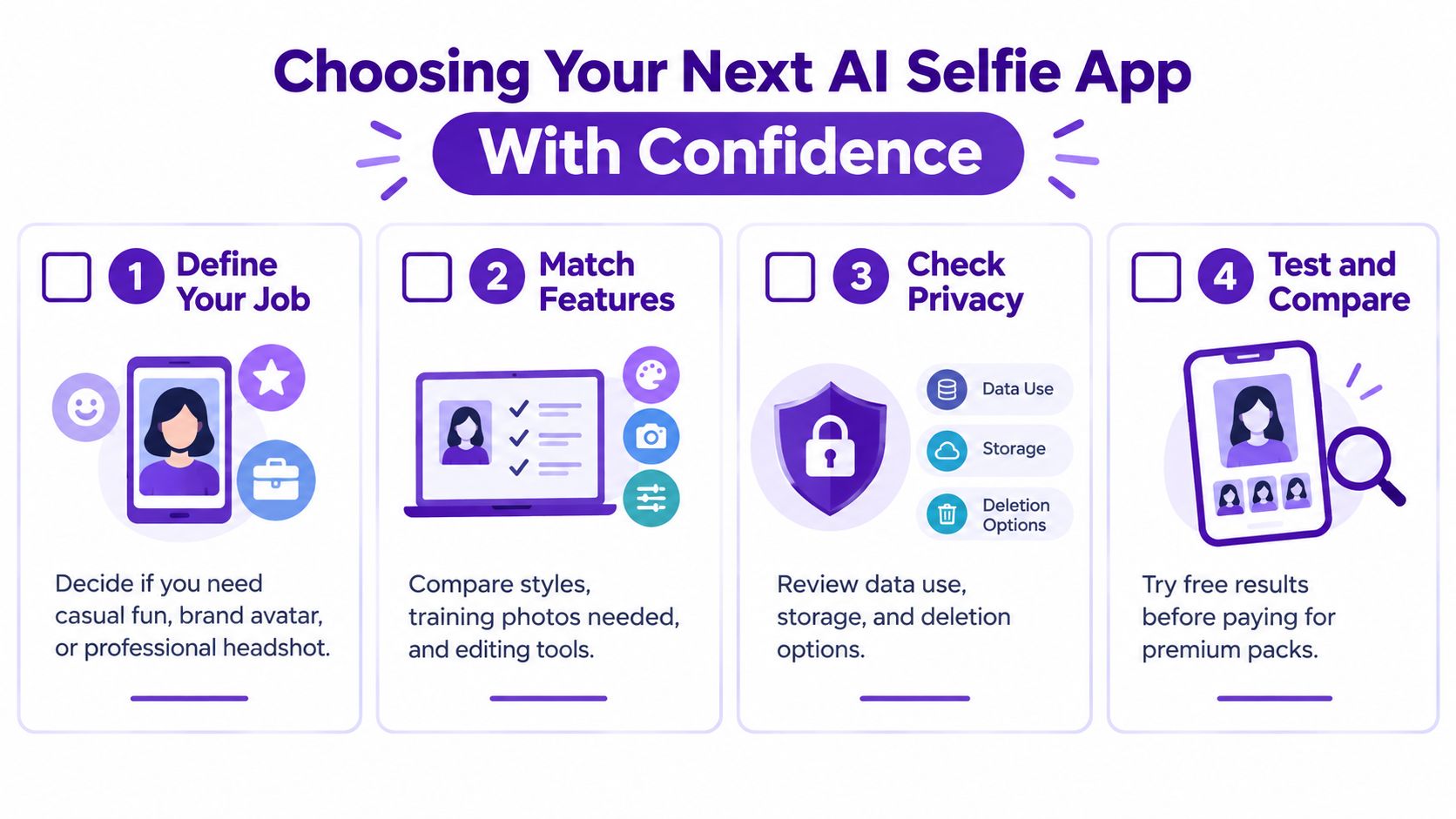 An infographic titled Choosing Your Next AI Selfie App With Confidence showing four steps for selection.