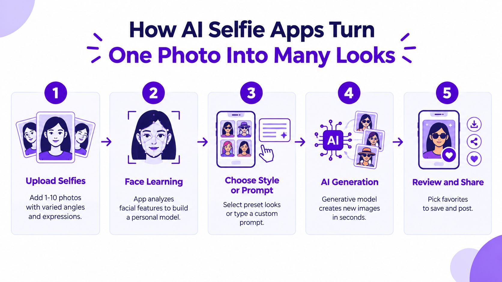A five-step infographic explaining how AI selfie apps convert personal photos into various stylized images.