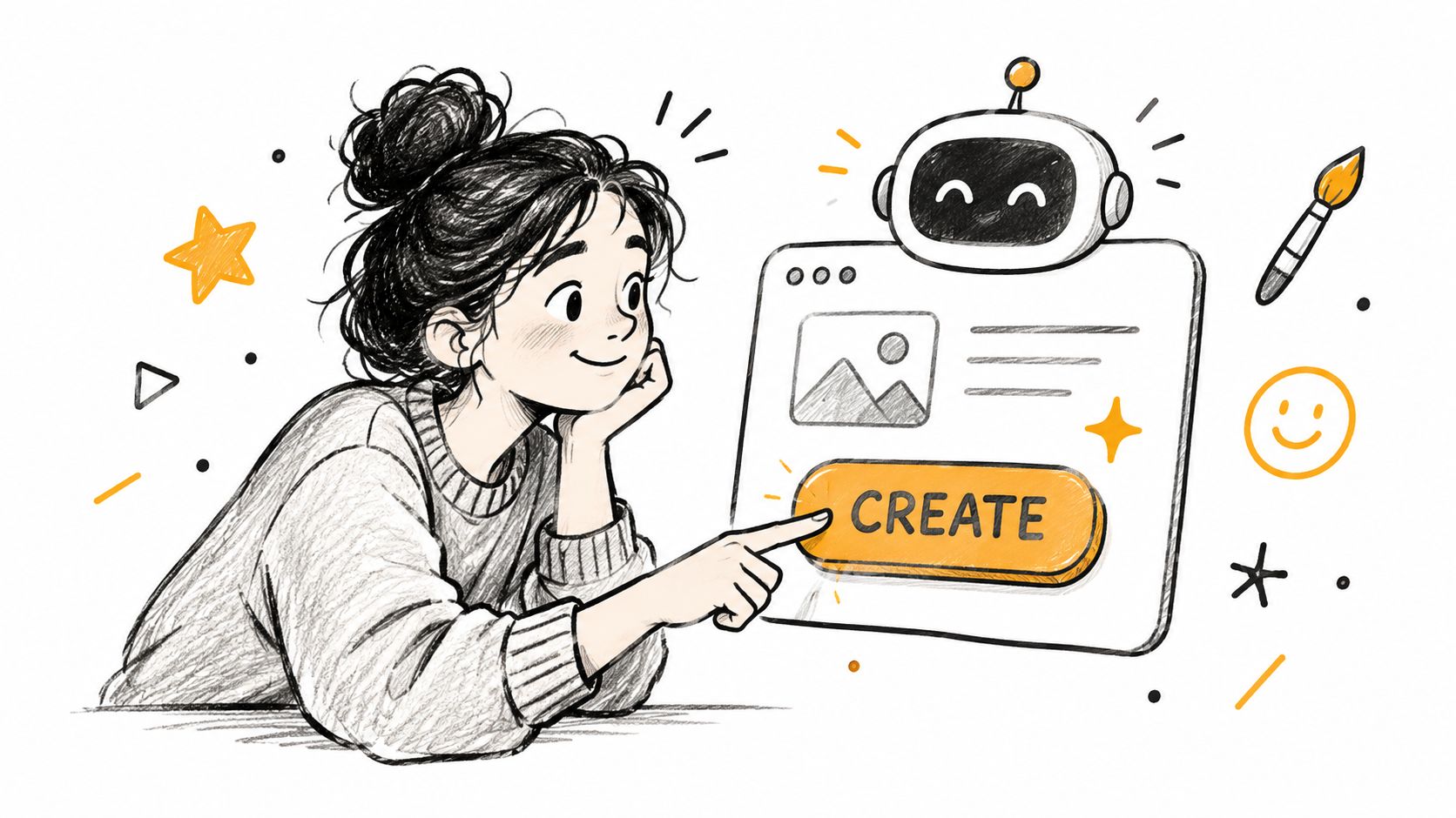 A young woman smiling while pressing a create button on a digital interface featuring an AI robot.