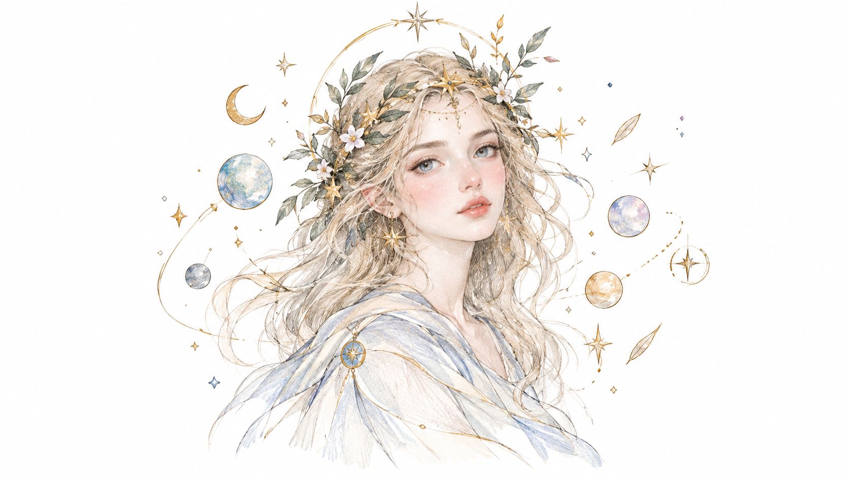 An ethereal illustration of a celestial woman adorned with golden stars, planets, and a leafy flower crown.