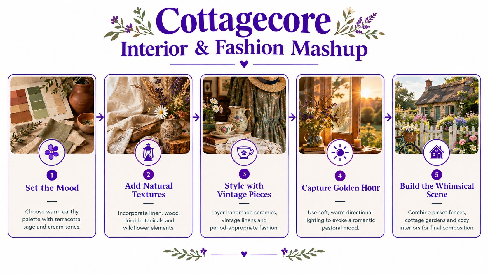 An infographic detailing five steps for achieving a cottagecore style aesthetic in home design and fashion.