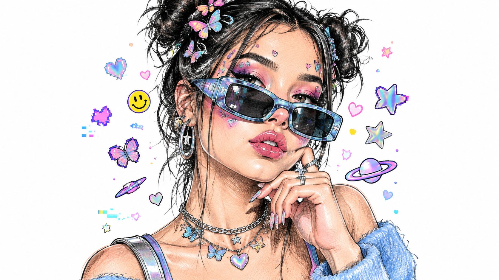 A vibrant, artistic illustration of a stylish young woman with space buns wearing trendy retro sunglasses.