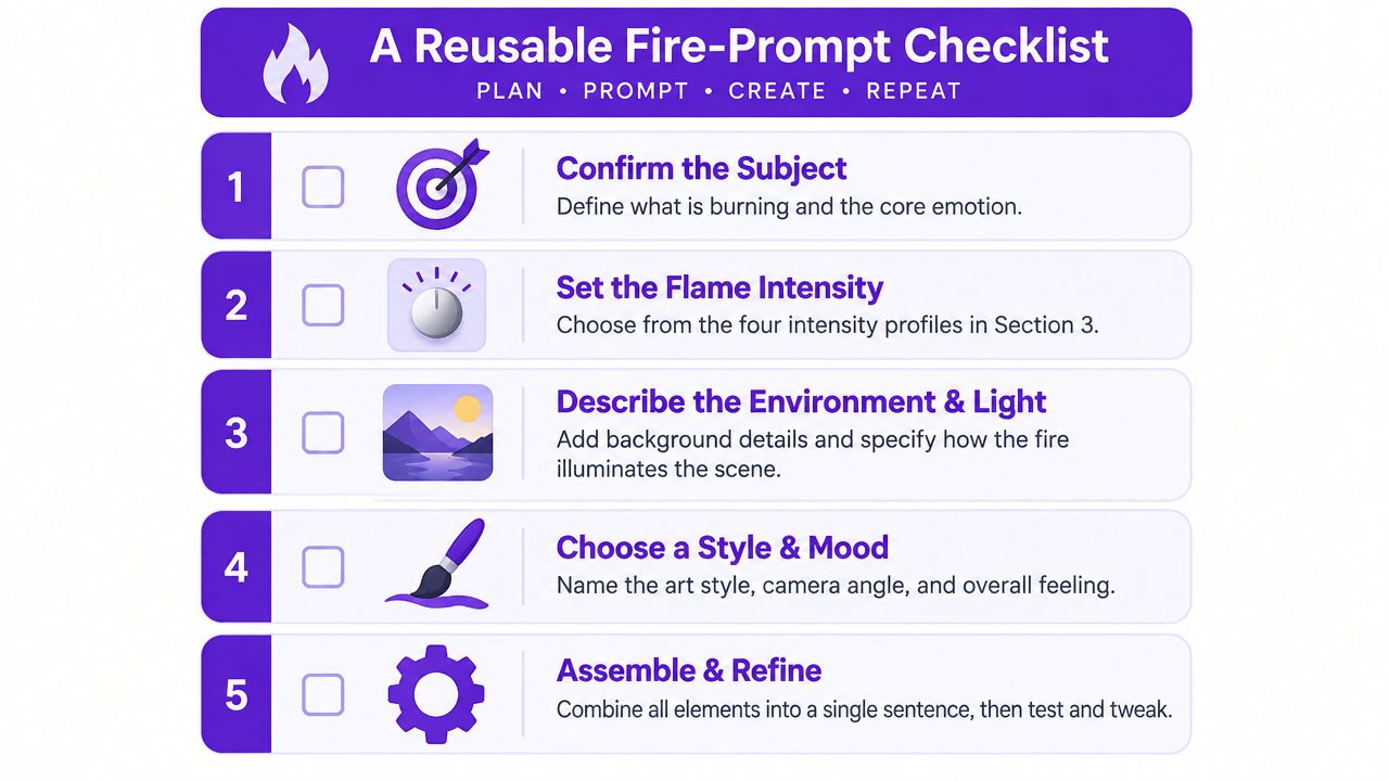 A checklist titled A Reusable Fire-Prompt Checklist with five steps for creating fire-themed AI generated art.