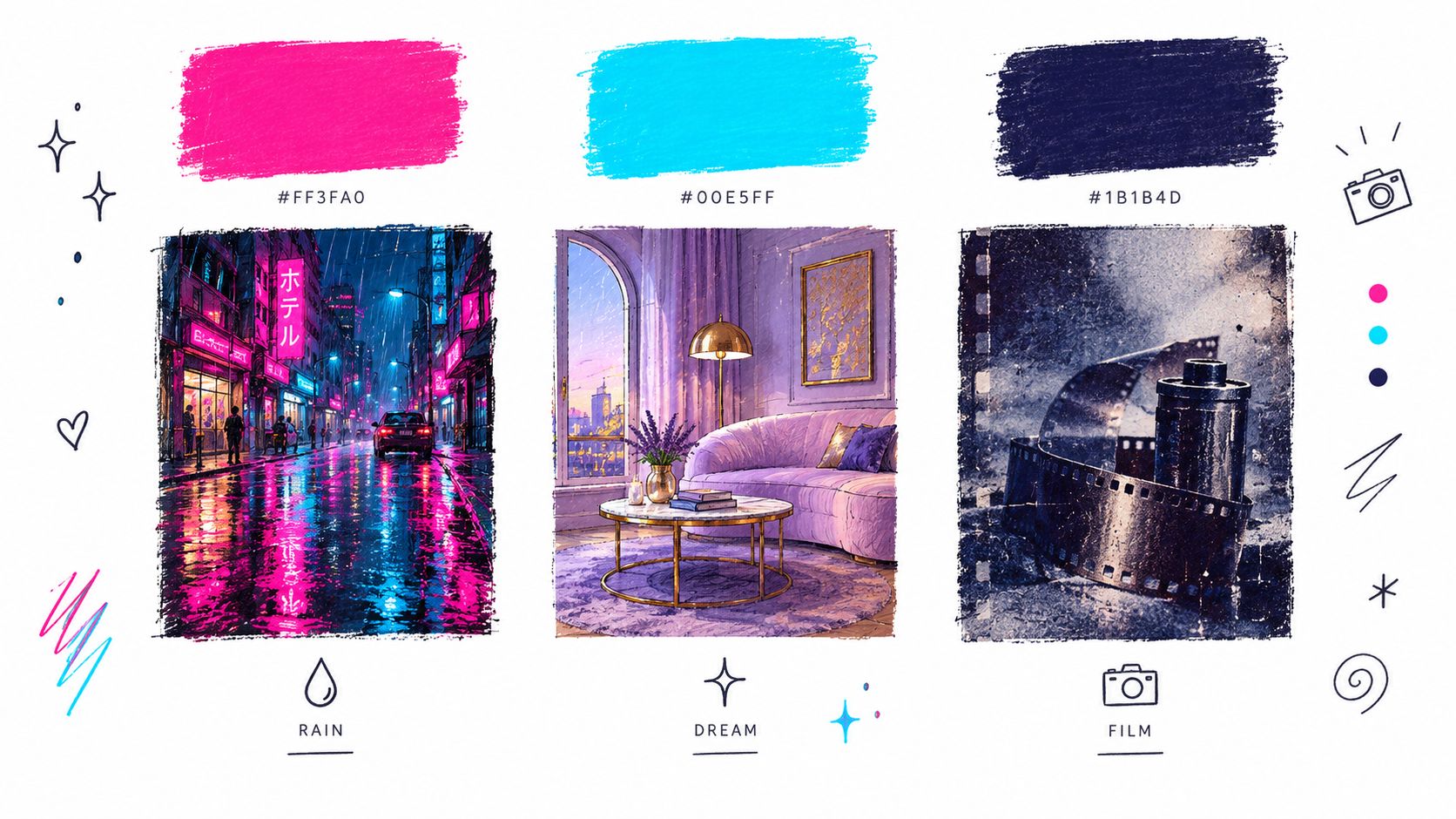 A digital art display showing three distinct aesthetic themes with color palettes labeled Rain, Dream, and Film.