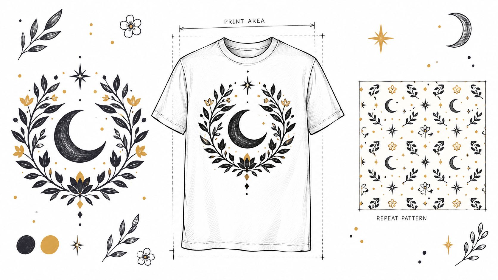 A digital design sheet showcasing a crescent moon floral wreath, a t-shirt mockup, and a seamless pattern.
