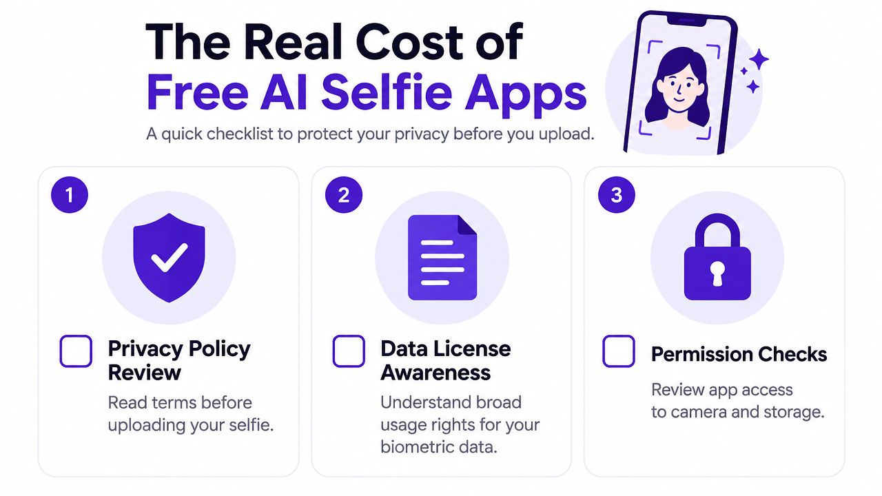 A checklist infographic titled The Real Cost of Free AI Selfie Apps guiding users on privacy protection.