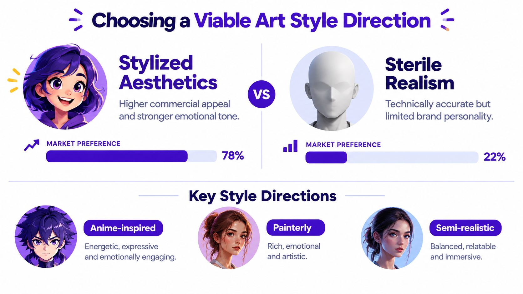 A comparison chart showing stylized aesthetics with 78% market preference versus sterile realism at 22% for art.