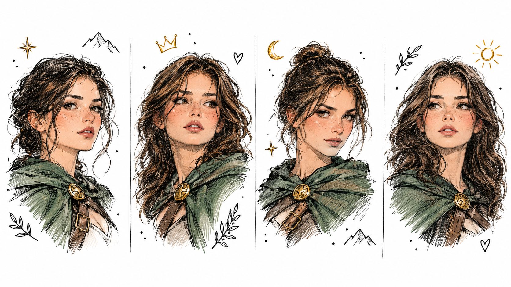 A set of four sketches featuring the same woman with wavy brown hair wearing a green cloak.