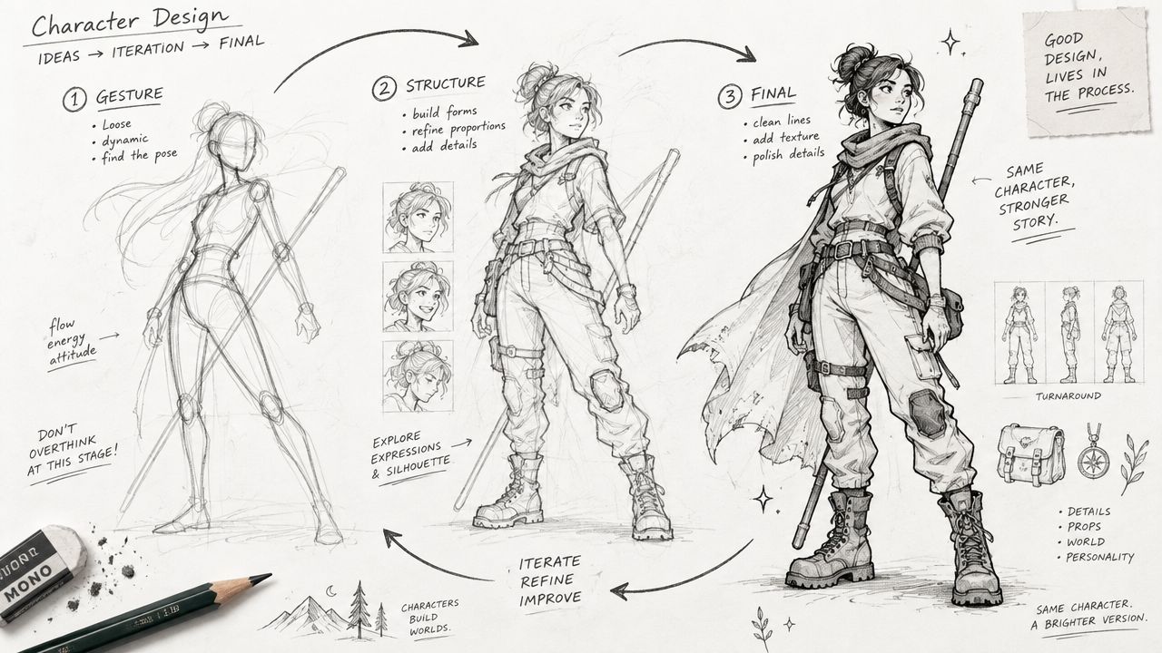 A detailed step-by-step tutorial showing the process of creating a character design from gesture to final illustration.