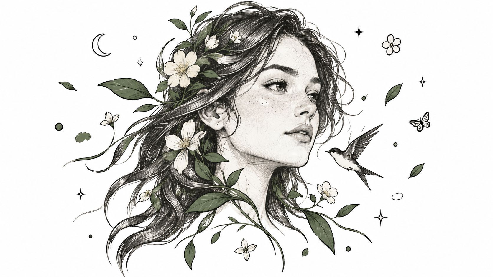A delicate pencil-style drawing of a young woman adorned with flowers, leaves, and a flying bird.