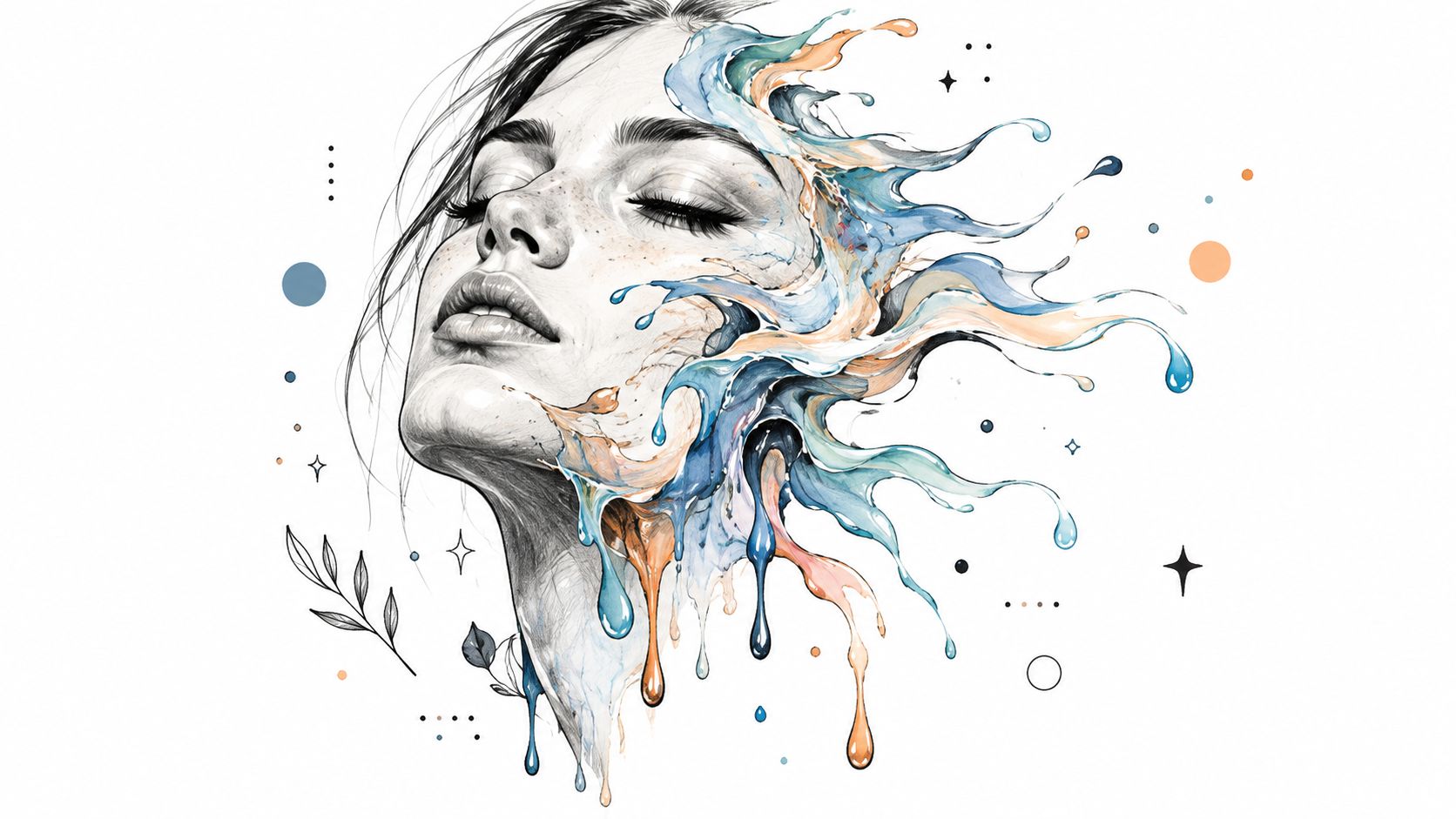 A artistic sketch of a woman's face blending into colorful fluid watercolor splashes and abstract shapes.
