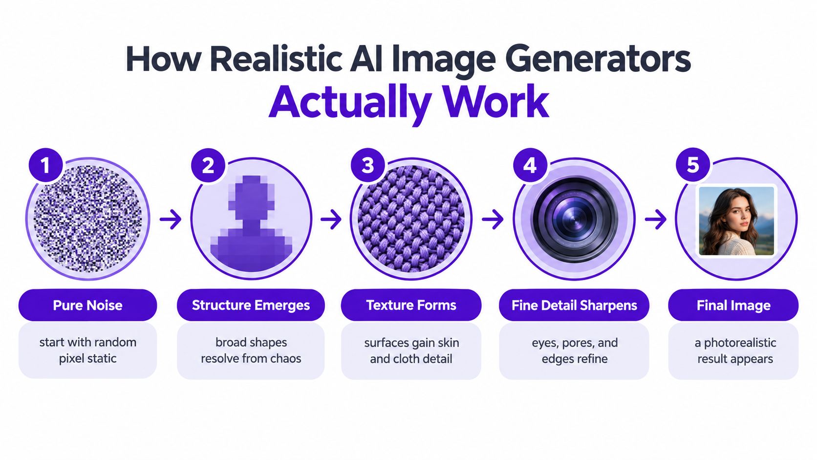 A five-step infographic showing how AI image generators create realistic pictures starting from random noise to detail.