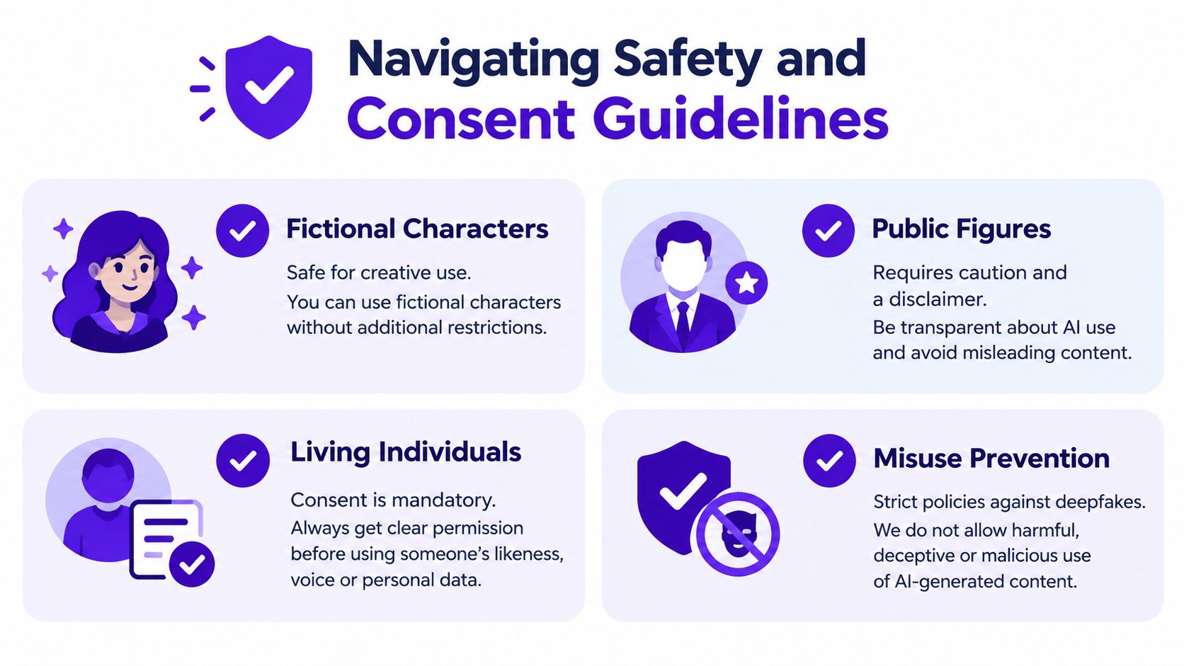 A visual guide outlining safety and consent policies regarding the use of AI-generated content for various subjects.
