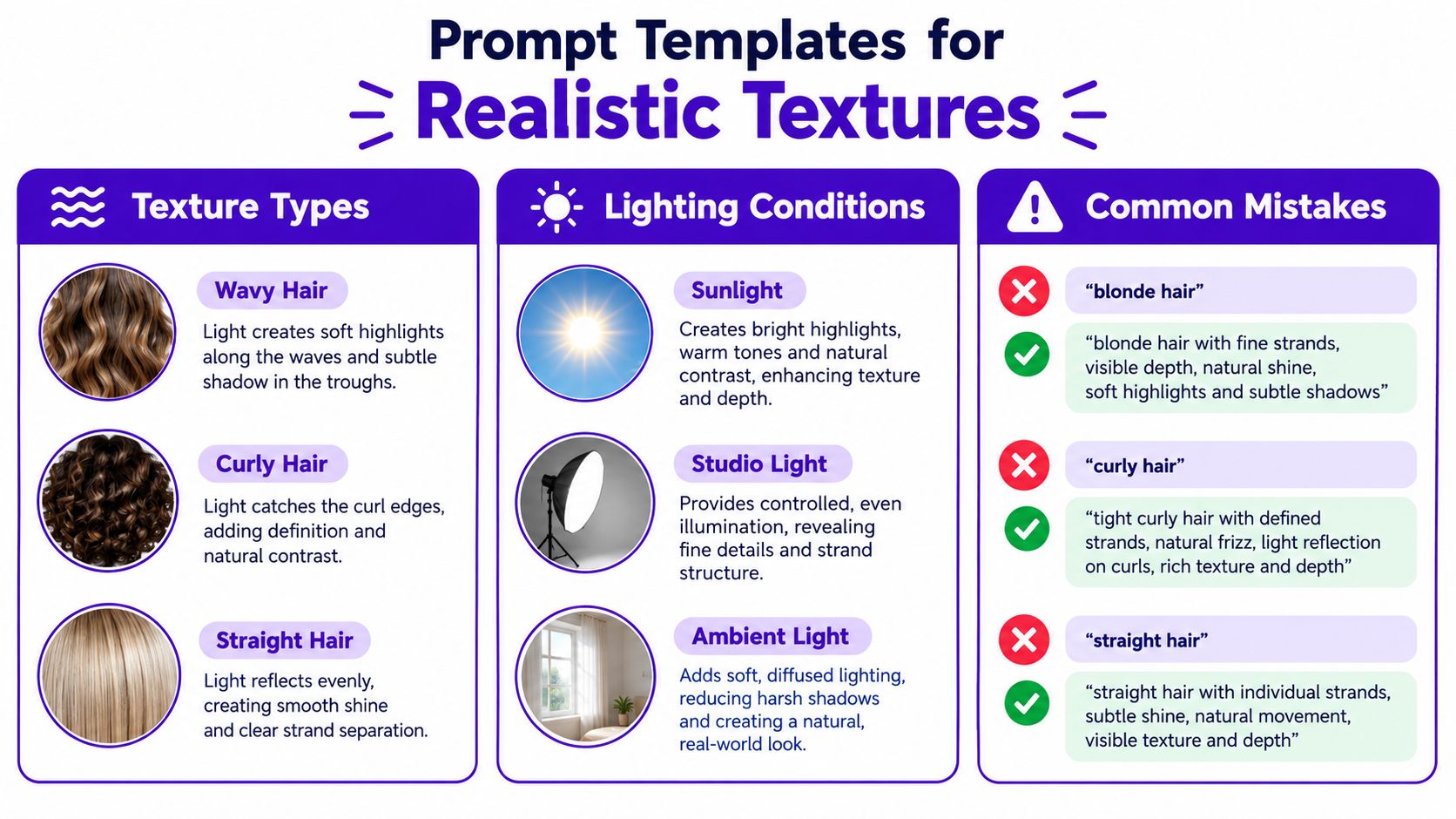 An infographic detailing prompt engineering templates for creating realistic hair textures in AI-generated imagery.