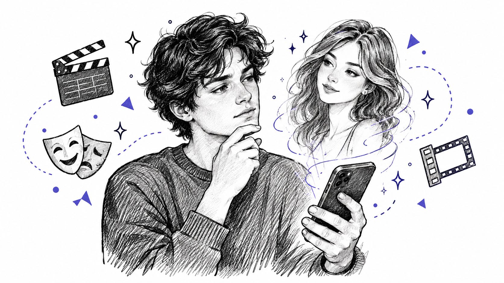 A young man thoughtfully looking at his phone with a dreamy illustration of a woman above him.