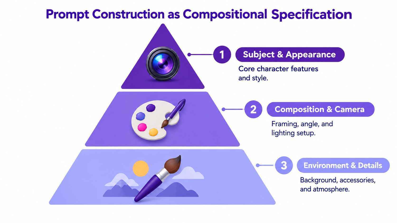 A pyramid diagram explaining the three-step process for constructing prompts for creating anime character maker boy art.