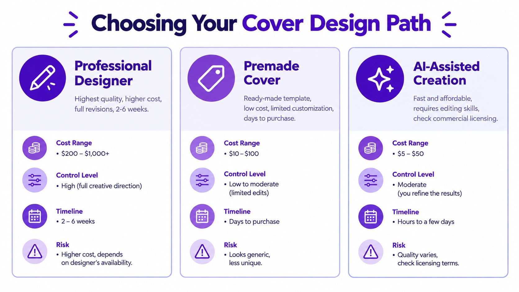 A comparison chart outlining the pros, cons, costs, and timelines for professional designer, premade, and AI-assisted cover design paths.