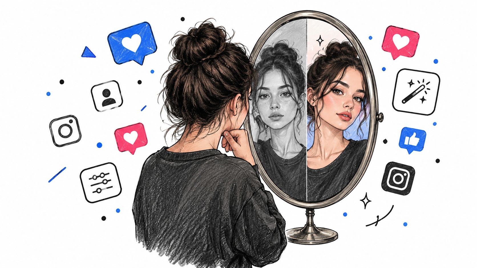 A woman looks in a mirror seeing an edited vs natural reflection surrounded by social media icons.